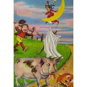 Halloween Postcard Fantasy Pig Eats Pumpkin Witch Moon Bien Julius Series 980